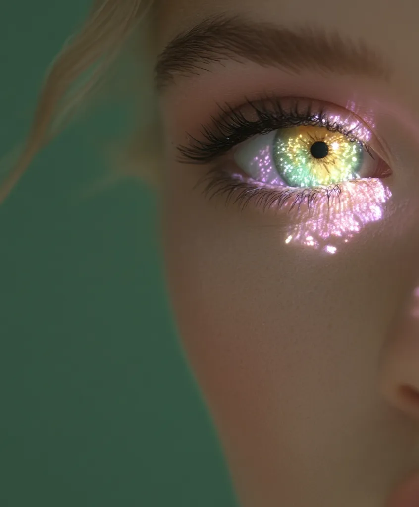 Close-up of a woman's eye, showcasing vibrant, iridescent green and yellow colors.  The iris is highlighted with sparkling, light-pink particles, creating a surreal and ethereal effect.  The image focuses on the eye and a portion of her face, against a muted teal background. The overall impression is one of fantasy or digital art.