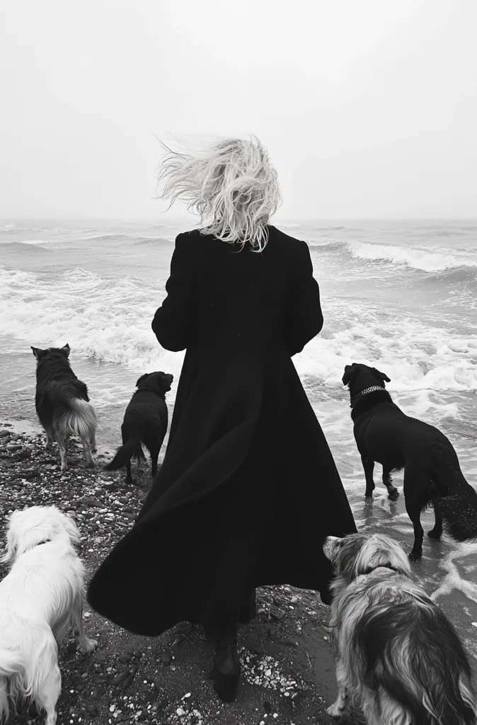 A woman in a long black coat walks along a beach, her blonde hair blowing in the wind.  Four dogs accompany her; two black dogs, a brown and white dog, and a fluffy white dog. The ocean waves are visible in the background, creating a moody, monochromatic scene. The overall atmosphere is serene and slightly melancholic.