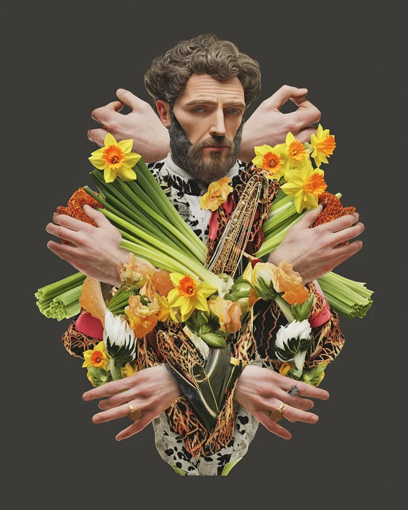 A stylized portrait of a bearded man, seemingly collaged, is surrounded by vibrant bunches of daffodils and leeks.  Multiple hands emerge from the floral arrangement, encircling him. He wears a patterned, ornate jacket. The overall effect is surreal and artistic, combining human and natural elements in a visually striking composition.