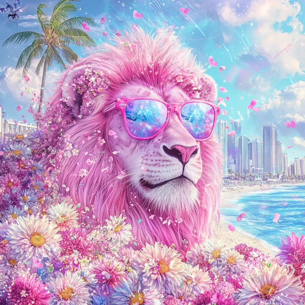 A pink lion, adorned with pink flowers and wearing pink sunglasses, is depicted in a vibrant, dreamy setting.  The background features a beach, ocean, and a cityscape under a pastel sky.  Petals float in the air, creating a whimsical and surreal atmosphere. The overall style is playful and fantastical.