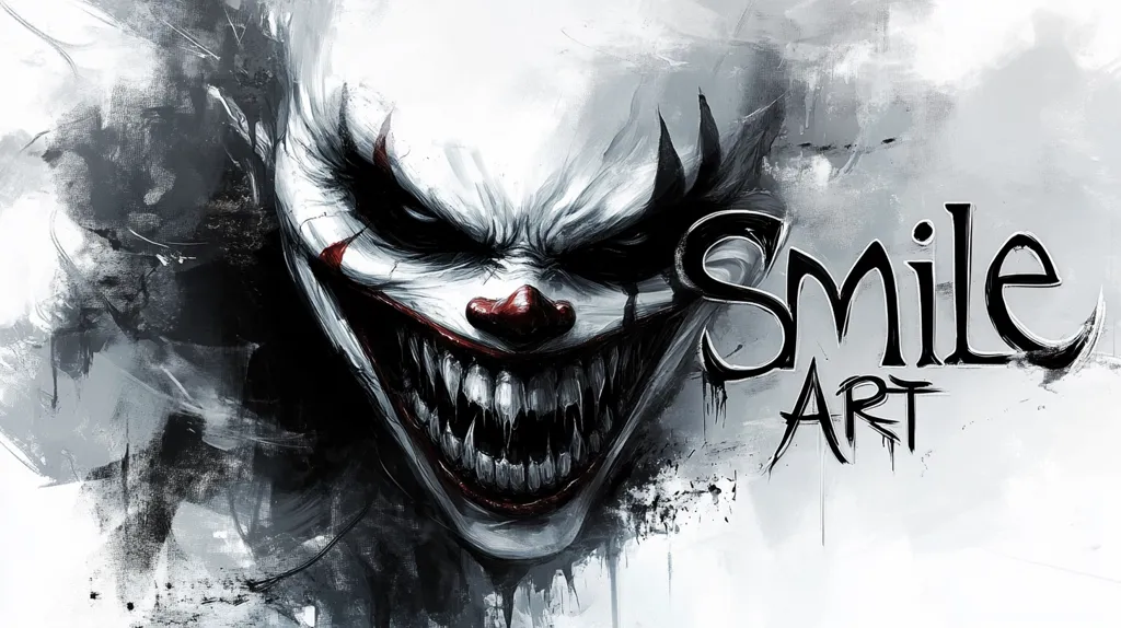 A chilling grayscale painting depicts a sinister clown's face, its wide, grotesque grin revealing sharp teeth.  The style is expressive and somewhat abstract, with visible brushstrokes adding to the unsettling atmosphere.  The words "Smile Art" are superimposed, creating a stark contrast between the cheerful word and the terrifying image. The overall effect is disturbing yet captivating.