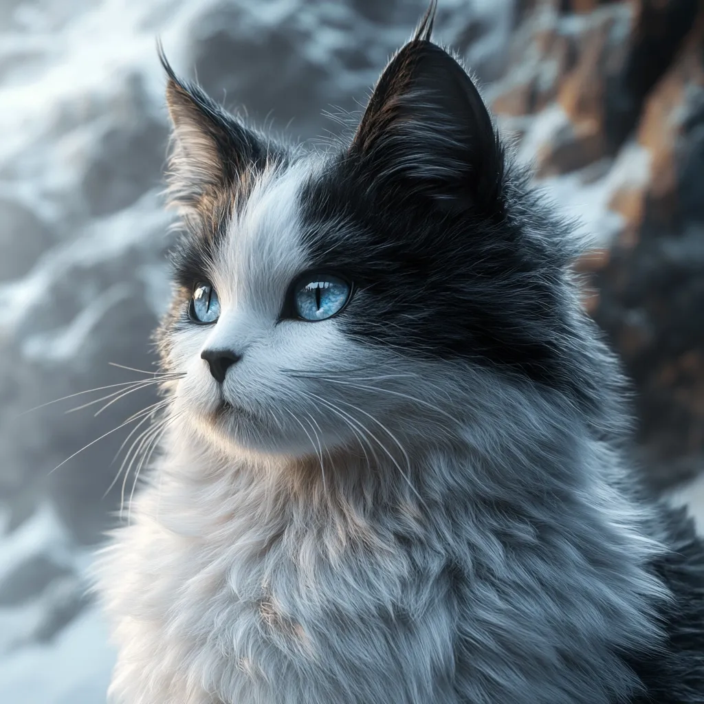 A fluffy long-haired cat with striking blue eyes gazes pensively to the side.  Its fur is predominantly white with black markings on its head and ears, creating a captivating bicolour effect. The cat's expression is serene, and its soft fur appears incredibly detailed. The background is blurred, suggesting a cold, rocky landscape.  The overall image evokes a sense of peaceful majesty.