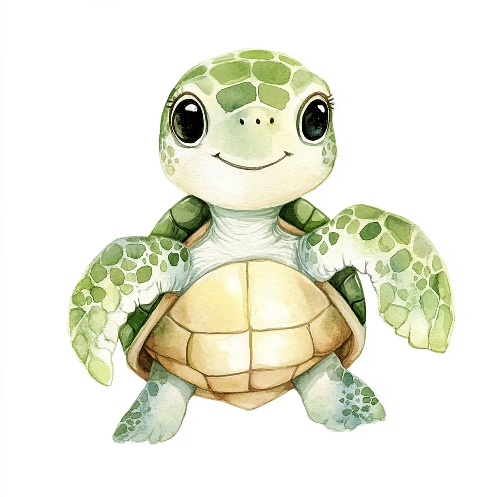 A watercolor painting of a cute baby sea turtle.  Its shell is a soft yellow-beige, and its flippers and head are a vibrant green with darker green spots.  Large, expressive eyes and a sweet smile give the turtle a charming and friendly appearance. The turtle is depicted from a slightly elevated angle, highlighting its adorable features.  The background is plain white, making the turtle the clear focus.