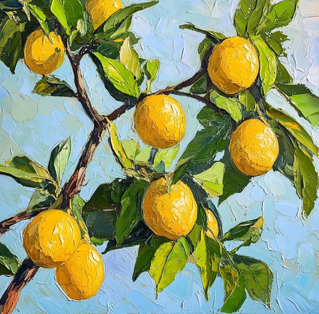 A vibrant oil painting depicts a citrus tree branch laden with ripe, yellow oranges against a light blue sky.  The thick, impasto brushstrokes give the oranges a textured, almost three-dimensional appearance. Lush green leaves surround the fruit, creating a sense of abundance and summer warmth. The style is expressive and captures the sunlight illuminating the scene.