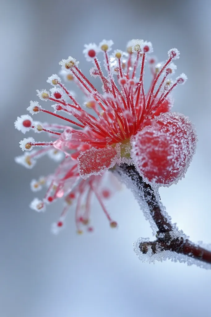 A close-up shot reveals a vibrant red flower, delicately coated in a layer of frost.  The intricate details of the flower's structure are accentuated by the ice crystals, creating a stunning contrast between the warm red hues and the cool, icy white.  The branch supporting the blossom is also frosted, adding to the wintery scene.  The soft, blurred background enhances the flower's delicate beauty.