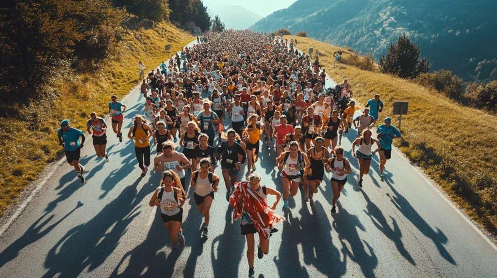 A large group of runners participate in a race on a mountain road.  The runners are densely packed, stretching far down the road, with their shadows cast long on the asphalt. The surrounding landscape is mountainous, with green hills and a bright sunny sky.  The runners are diverse in age and attire, many wearing backpacks. A runner near the front carries a large, colorful flag.