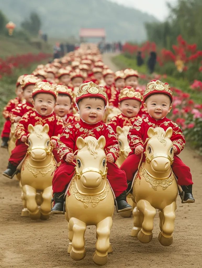 A long line of toddlers, dressed in identical red and gold traditional Chinese outfits, ride miniature golden horses.  Their matching hats and expressions create a striking visual effect. The children are positioned in a procession-like arrangement against a blurred background of flowering plants. The scene evokes a sense of festivity and cultural tradition.