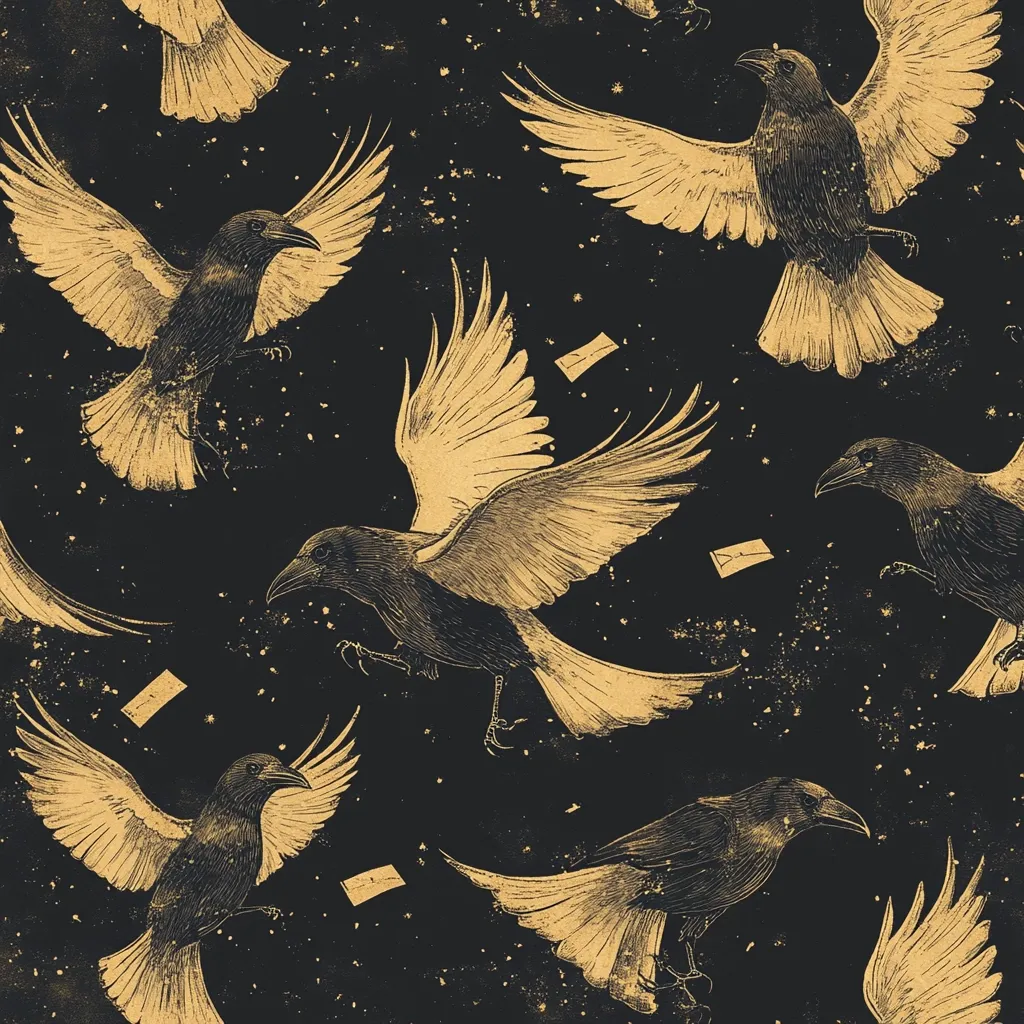 A dark, stylized pattern features numerous golden crows in flight against a black background.  The crows are depicted with detailed wings outstretched, appearing to carry small, golden envelopes. The background has a textured, speckled effect, enhancing the overall gothic or mystical aesthetic. The image creates a sense of movement and mystery.