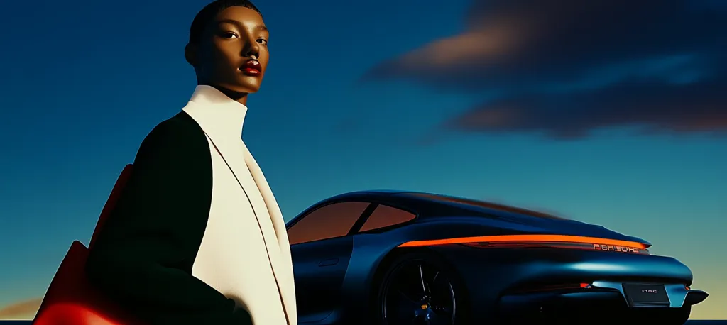 A stylishly dressed woman with short hair and bold red lipstick stands beside a sleek, dark-blue Porsche.  The car's design is modern and futuristic, featuring a distinctive orange light strip across the rear. The backdrop is a twilight sky, creating a dramatic and sophisticated atmosphere.  The image exudes elegance and luxury.
