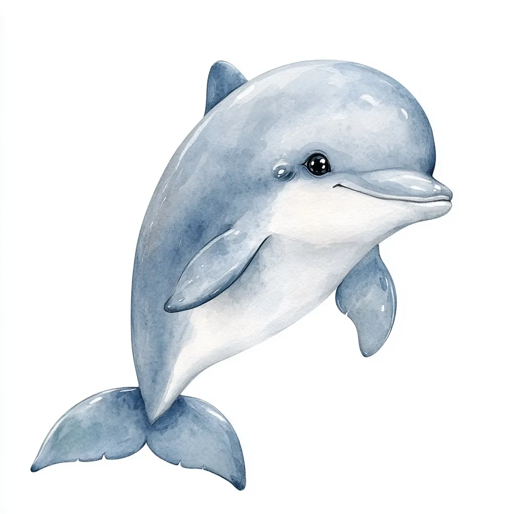 A watercolor painting of a cute, cartoonish dolphin.  The dolphin is light blue-grey, with a slightly lighter underbelly. It's depicted leaping playfully, its body arched and tail elegantly extended.  The style is charming and whimsical, suitable for children's illustrations or prints. The dolphin's large, expressive eyes add to its endearing appeal.