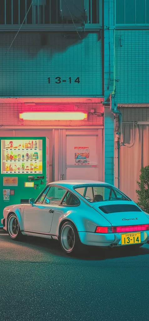 A vintage white Porsche 911 Carrera is parked on a street at night in front of a teal-colored building.  The building features a neon sign and a vending machine. The license plate on the car reads "13-14", matching the building number. The scene has a retro, synthwave aesthetic with vibrant lighting and contrasting colors.