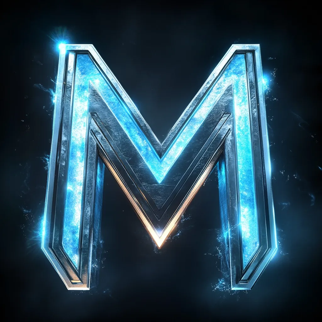 A stylized, metallic letter "M" is presented against a dark background.  The "M" is rendered in a futuristic, possibly icy or technological design, with glowing blue accents outlining its sharp edges.  The metal appears textured and worn, adding a sense of depth and power to the letterform.  Particles of light or energy surround the "M," enhancing its dramatic effect.