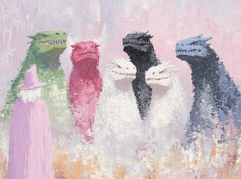 A whimsical painting depicts a wizard-like figure in a lavender robe facing five stylized dragons.  The dragons are rendered in pastel shades of green, pink, white, black, and grey, appearing calm and serene.  The textured brushstrokes create a dreamlike, slightly hazy atmosphere. The overall style is reminiscent of children's book illustration, with a soft palette and gentle imagery.