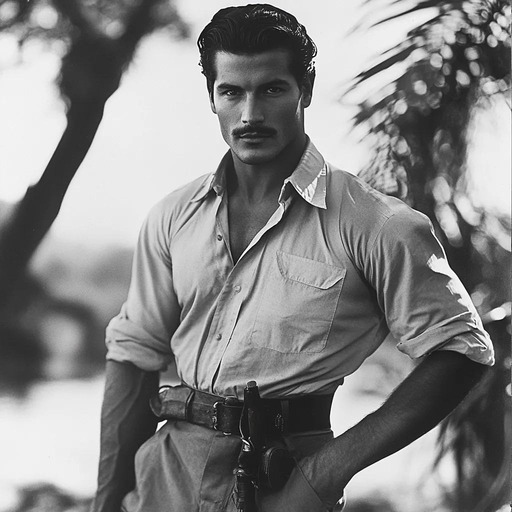 A black and white portrait of a man with dark hair styled back, a mustache, and a serious expression. He's wearing a light-colored, long-sleeved shirt and khaki pants, a belt with a utility pouch at his hip.  The background suggests a tropical or outdoor setting with blurred foliage. The image has a classic, possibly vintage, feel.  The man's posture conveys confidence and a hint of ruggedness.