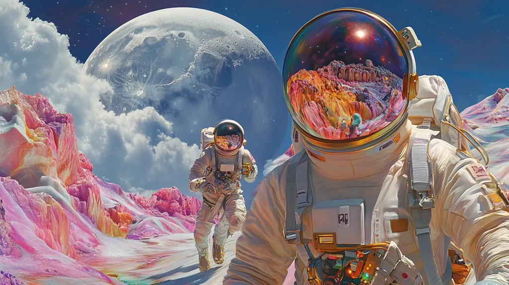 Two astronauts in white spacesuits traverse a surreal alien landscape.  Pastel-colored mountains and valleys stretch before them, under a vast sky dominated by a large, partially visible moon. The astronauts' helmets reflect the vibrant, dreamlike scenery, creating a captivating and otherworldly scene.  The overall style is vibrant and fantastical.