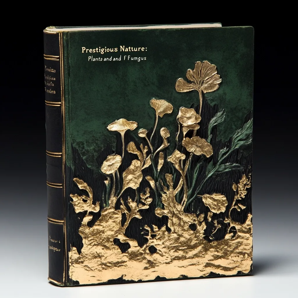 A luxurious book titled "Prestigious Nature: Plants and Fungus" is showcased.  Its deep green cover features an intricately embossed design of plants and mushrooms, accented with gold leaf detailing along the base. The elegant craftsmanship highlights the book's title, subtly embossed along the top.  The rich color palette and textured surface create a visually striking and artistic object.