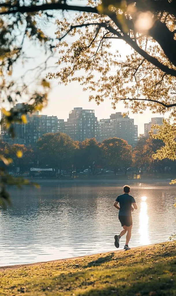 A man jogs along the shore of a calm lake, the setting sun glistening on the water.  Apartment buildings rise in the background, partially obscured by autumnal trees. The scene is peaceful and serene, showcasing a tranquil urban landscape.  The runner's silhouette is framed by the branches of a large tree in the foreground.