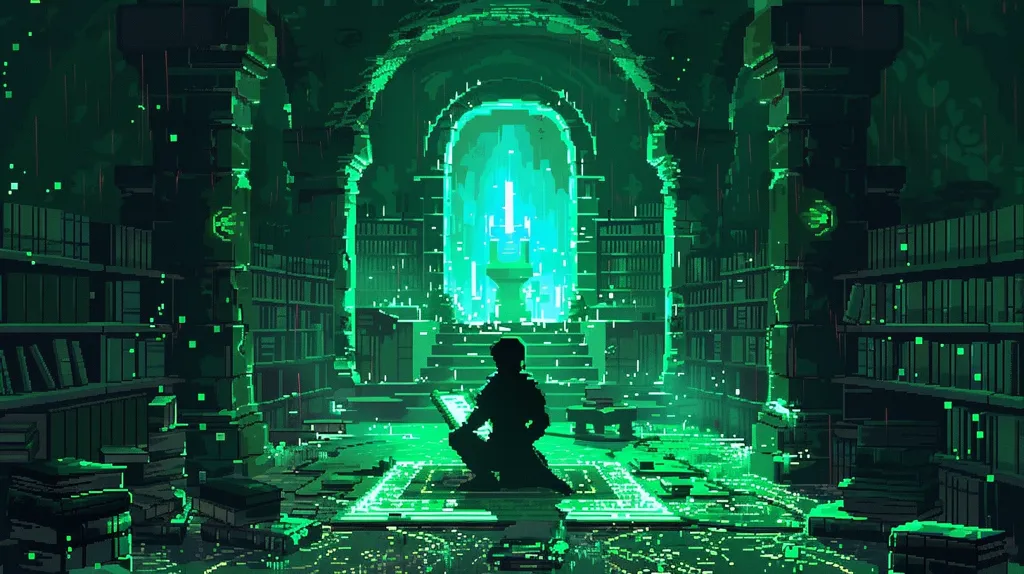 A pixel art depiction of a serene, dimly lit, green-hued library.  A lone figure sits on a glowing platform before a grand, arched doorway emitting a bright light.  Bookshelves line the walls, overflowing with volumes.  The overall atmosphere is mystical and suggests a hidden, sacred space of knowledge.  The style is reminiscent of retro video games.