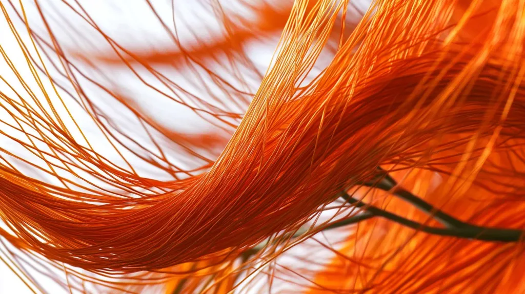 A close-up shot reveals a vibrant cluster of fiery orange strands, possibly fibers or filaments, delicately arranged against a blurred white backdrop.  The strands intertwine and curve, creating a visually captivating texture. The overall impression is one of lightness and fluidity, with a focus on the intense color and intricate detail of the fibrous material.