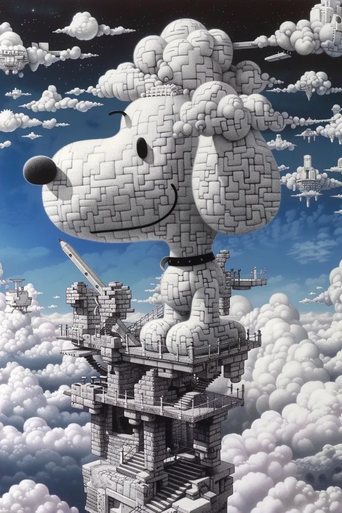 A surreal illustration depicts a colossal Snoopy, constructed from interlocking stone blocks, perched atop a complex, multi-leveled stone structure floating amidst fluffy clouds.  The sky is a deep blue, dotted with miniature cloud-cities.  A giant pencil rests near the structure, adding to the dreamlike, imaginative quality of the artwork.  The scene evokes a sense of wonder and whimsical architectural fantasy.
