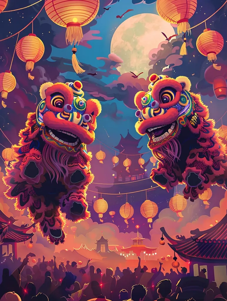 Two vibrant lion dancers leap through the air, their colorful costumes dazzling under the glow of numerous lanterns and a full moon.  The scene is set against a backdrop of a bustling Chinese festival, with a crowd of people cheering below and traditional buildings in the distance.  The artwork captures the energy and excitement of a lively cultural celebration.