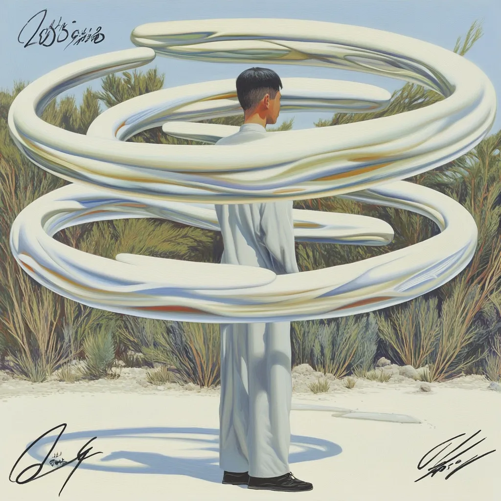 A stylized painting depicts a person in light grey pants and shirt standing in a desert landscape.  The figure is partially obscured by two large, swirling, metallic rings that appear to float around them.  The background features low-lying desert vegetation under a clear sky.  Multiple artist signatures are present on the artwork. The overall style is surreal and minimalist.
