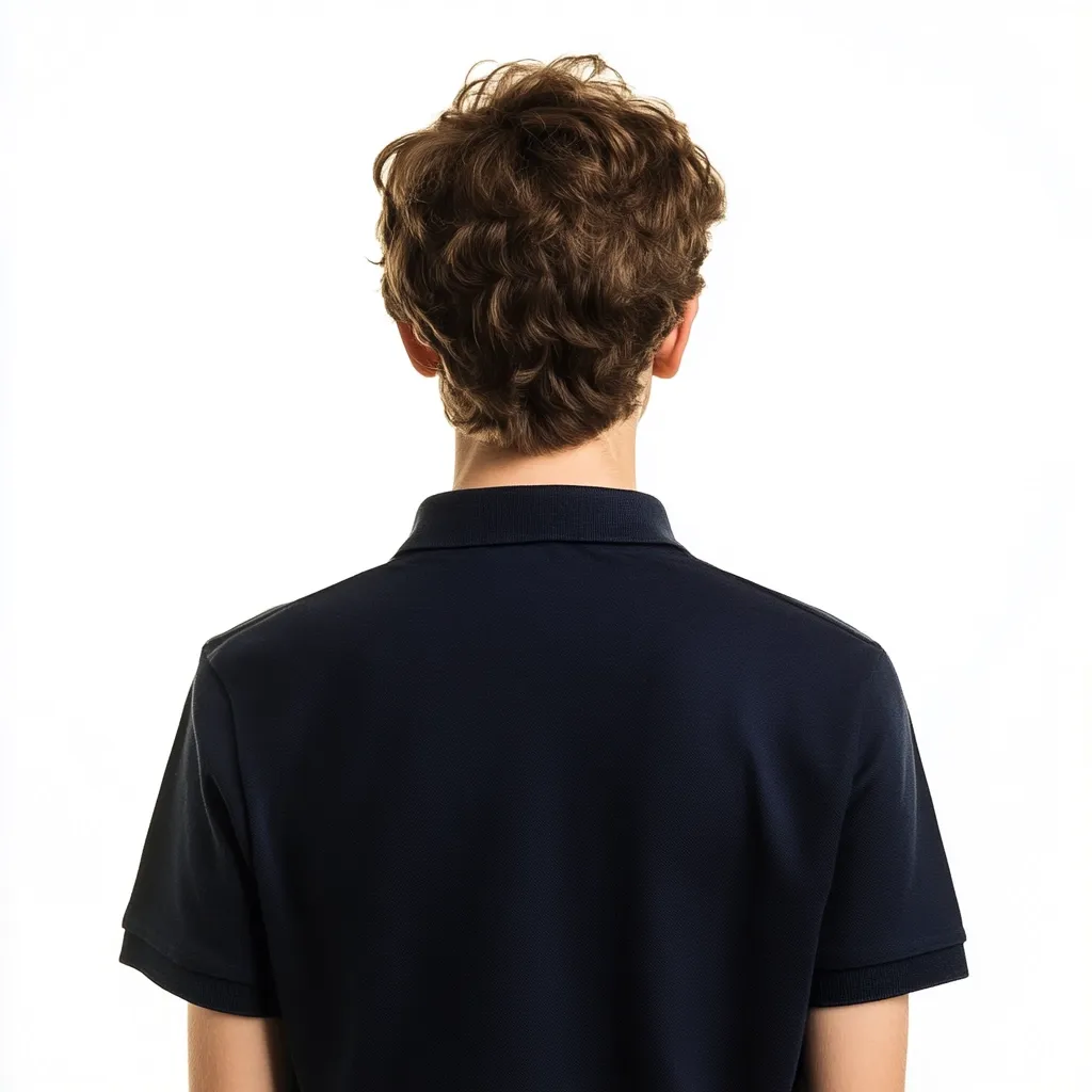 The rear view of a young man with curly brown hair wearing a dark navy blue short-sleeved polo shirt.  He is facing away from the camera against a plain white background. The image is simple and clean, focusing solely on the subject's back and hair.