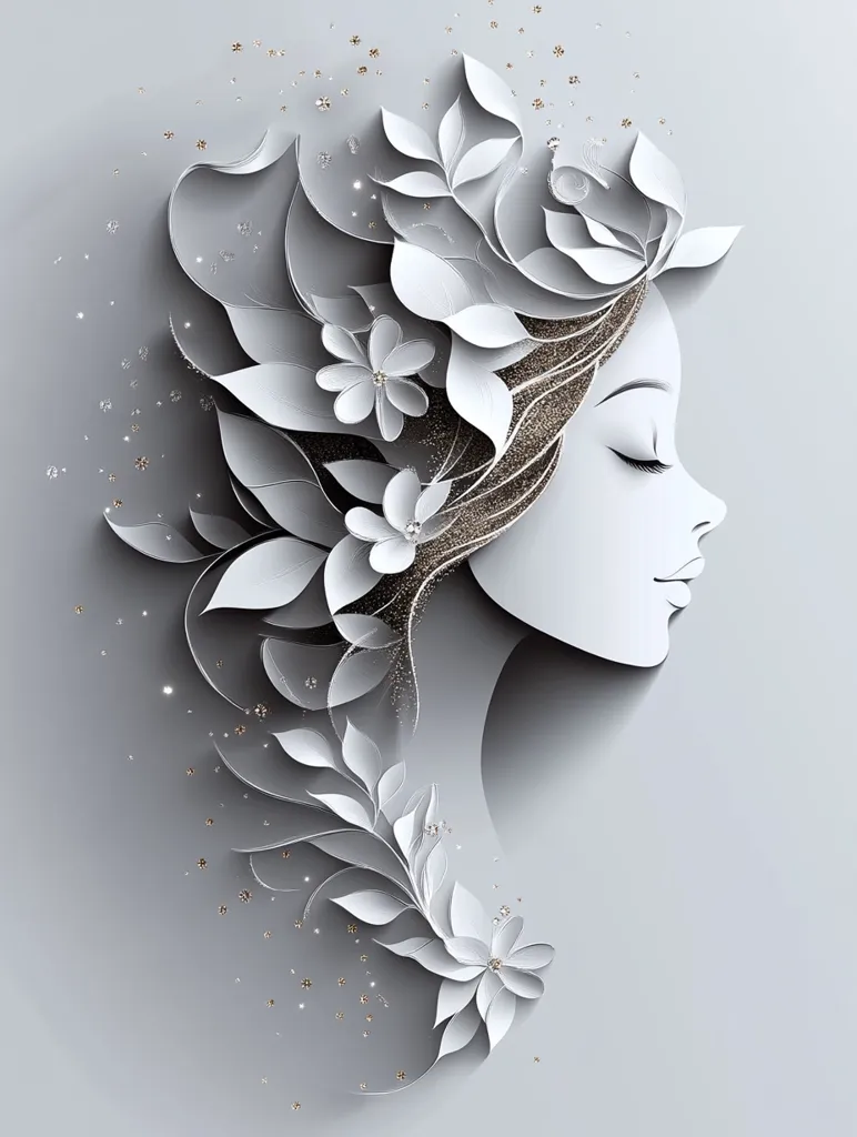 A serene profile of a woman's face is adorned with intricate paper-cut flowers and leaves, creating a delicate and elegant design.  The grayscale palette is accented with subtle gold glitter, suggesting a sense of sparkle and refinement.  The artwork employs a paper art style, showcasing layers and depth through the various floral elements. The overall effect is one of beauty and tranquility.