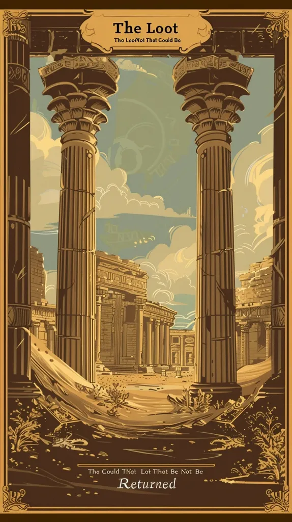 A stylized illustration titled "The Loot," depicts ancient ruins viewed through two weathered columns. The artwork uses a sepia palette, suggesting age and decay.  Sand drifts around the crumbling structures, hinting at the passage of time and lost civilizations. The subtitle reads, "The Loot That Could Not Be Returned," adding a layer of mystery and loss to the scene.