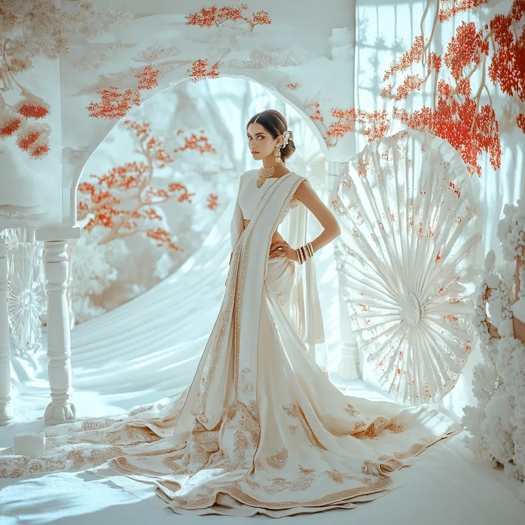 A woman in a flowing, ornate white saree stands elegantly in a dreamy, white setting.  The saree is embellished with gold embroidery, and she accessorizes with gold jewelry.  The backdrop features delicate white arches,  painted floral designs, and a large, white decorative fan, creating a romantic and ethereal atmosphere. Her pose is poised and confident.