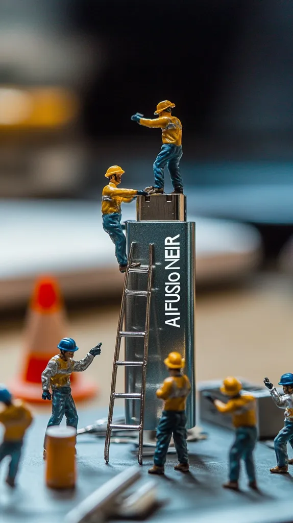 Miniature construction workers surround a large, rectangular device labeled "AIFUSIONER".  Two figures work atop the device, one using a ladder.  Other workers are positioned around the base, creating a scene of collaborative effort. The backdrop is blurred, suggesting a focus on the miniature construction site and the central technological component.  The image conveys a sense of scale and possibly represents technological innovation or teamwork.