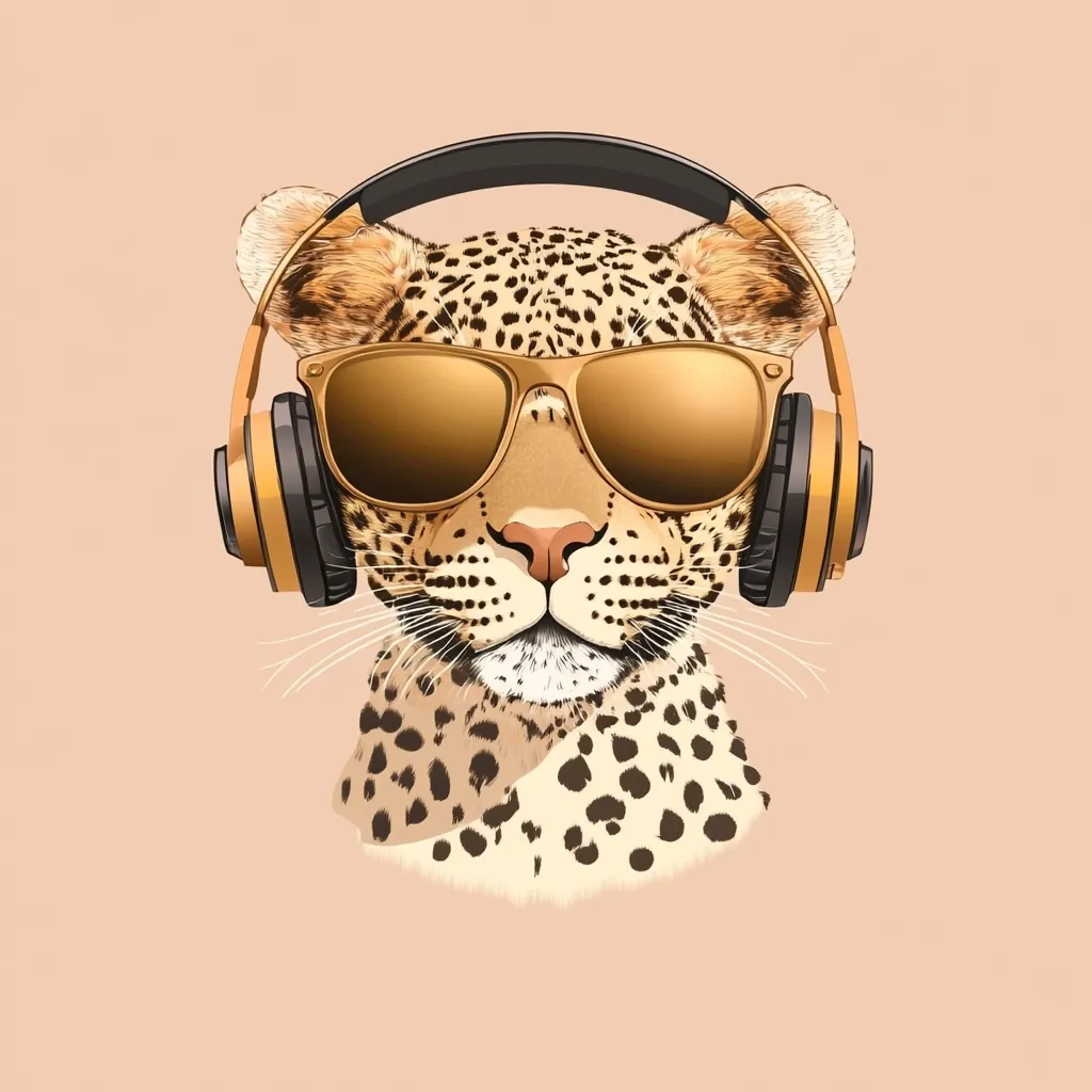 A stylish illustration features a leopard's head wearing gold headphones and aviator sunglasses.  The leopard's fur is realistically rendered, contrasting with the sleek accessories.  The overall tone is trendy and playful, suggesting a cool and sophisticated animal. The image is set against a muted peach background, further enhancing the subject's vibrancy.