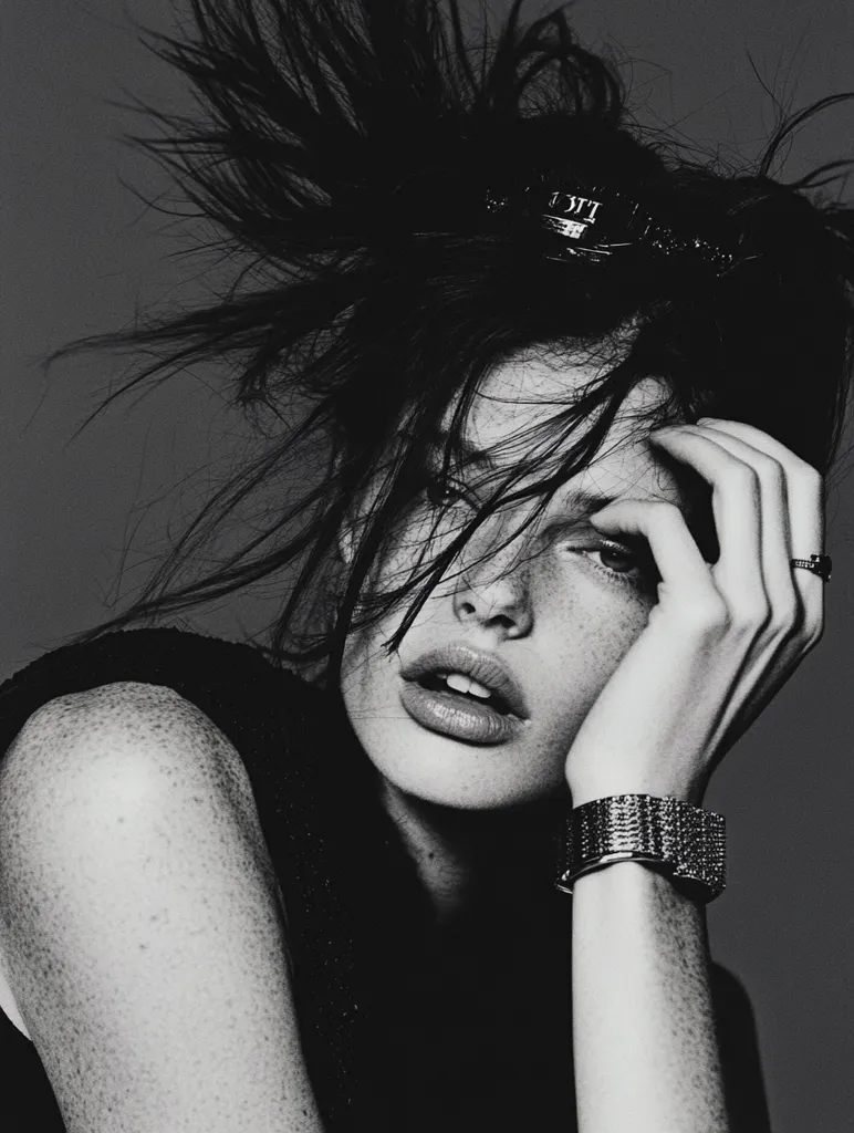 A black and white, close-up portrait of a woman with tousled hair styled into a high, messy updo. She wears a dark top and several pieces of jewelry, including a bold headband and a chunky bracelet. Her hand rests on her face, partially obscuring her eyes. The overall mood is moody and dramatic, highlighting the model's striking features and textured hair.