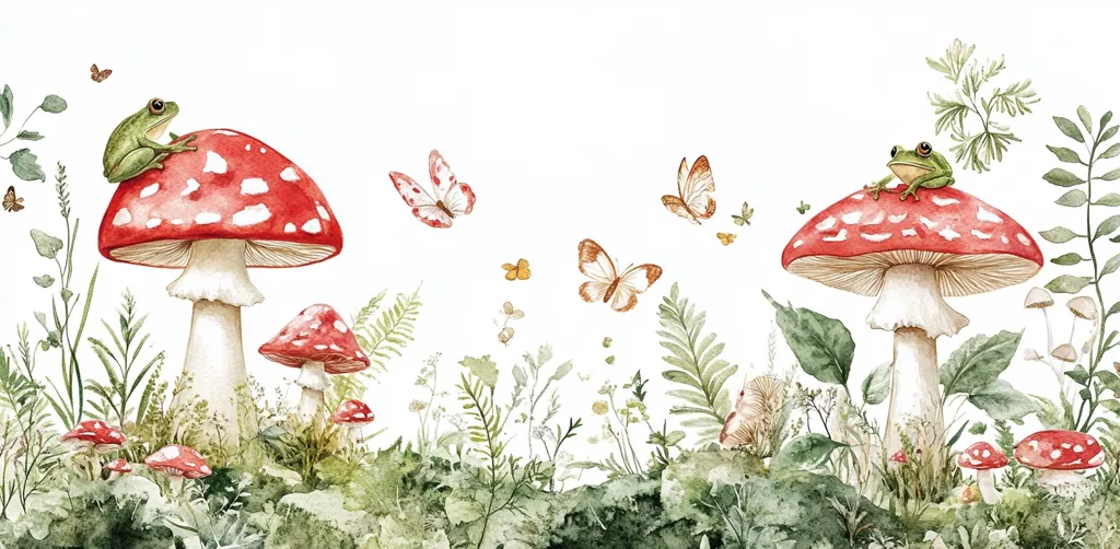 A watercolor illustration depicts a whimsical woodland scene. Two large red and white toadstools, each with a green frog perched atop, are the focal point.  Surrounding them are smaller mushrooms, butterflies, and various leafy green plants, creating a charming, fairytale-like atmosphere against a white background.  The style is delicate and idyllic, suggesting a peaceful and enchanted forest.