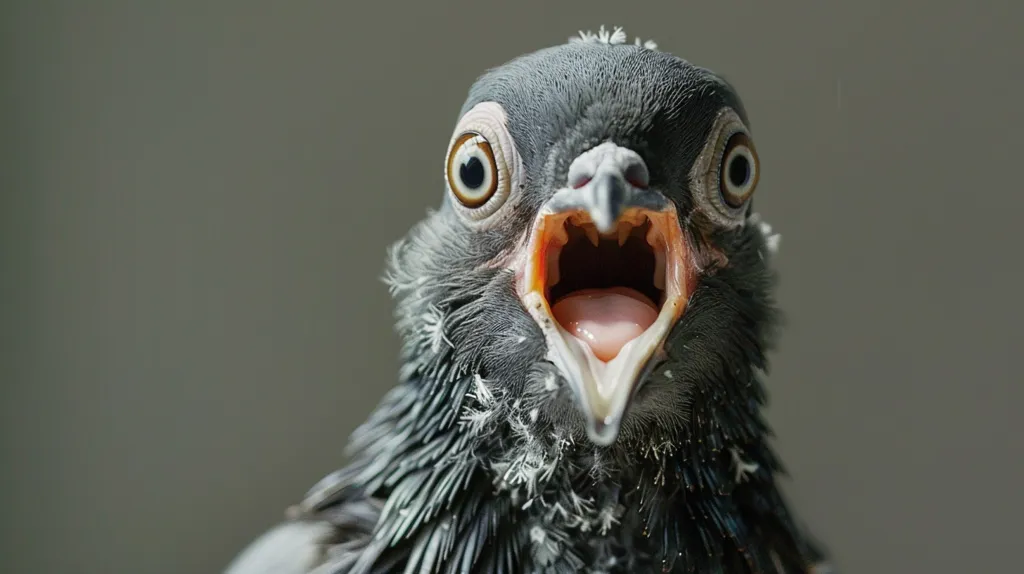 A close-up shot reveals a young pigeon, its beak wide open in a vibrant display.  Its large, expressive eyes and soft, downy feathers are clearly visible.  The bird's mouth is slightly pink, contrasting against its dark gray plumage. The overall impression is one of vulnerability and a possible call for attention.