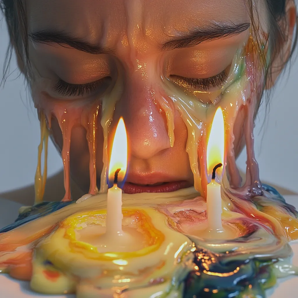 Close-up view of a person's face covered in melted, colorful wax from two lit candles.  The wax drips down their face, obscuring their eyes and mouth. The scene is surreal and slightly unsettling, with a focus on the texture and colors of the melting wax. The overall mood is artistic and dramatic.