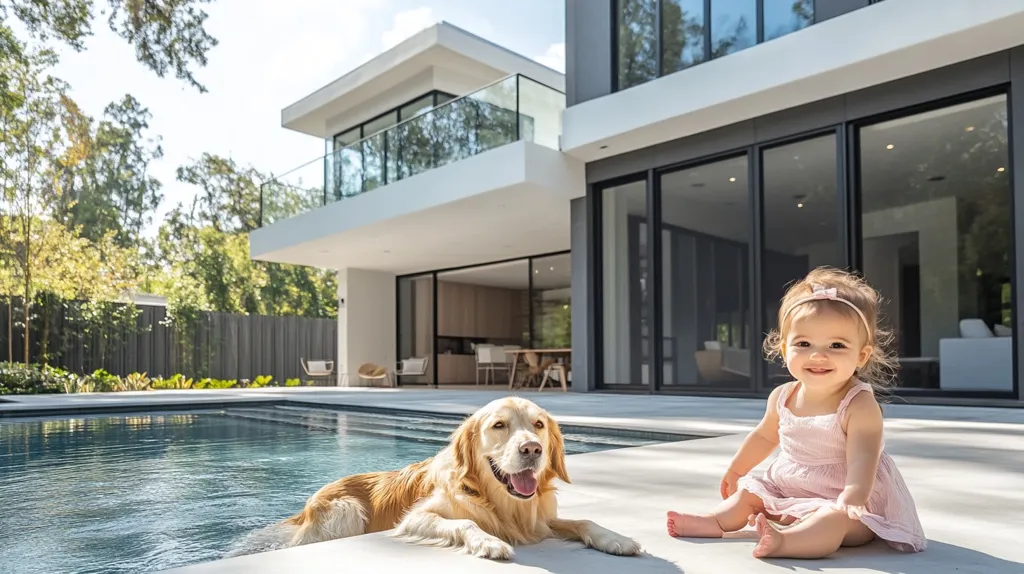 A toddler girl in a pink dress sits beside a golden retriever dog near a modern house's swimming pool.  The house features large glass doors and a minimalist design. The scene is bright and sunny, suggesting a warm, idyllic day. The dog is partially submerged in the pool's edge, while the child smiles at the camera.  The overall impression is one of relaxed luxury and family contentment.