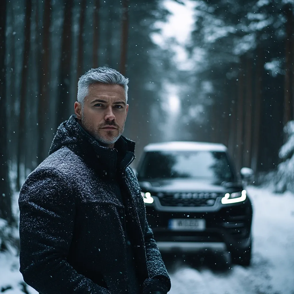 A man with short, gray hair and a beard stands in a snowy forest, wearing a dark coat dusted with snowflakes.  He looks directly at the camera with a serious expression. Behind him, slightly out of focus, is a black SUV parked in the snow-covered path.  The overall atmosphere is cold and serene.