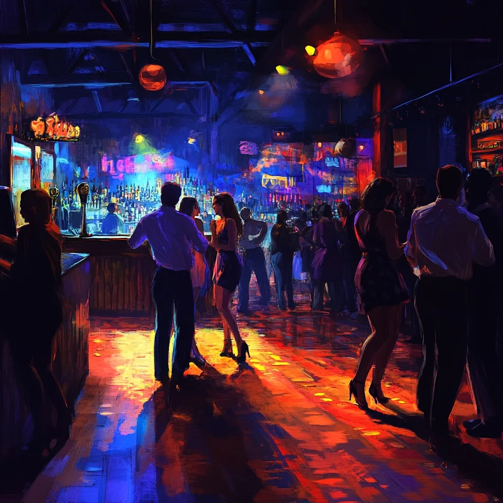 A vibrant nightlife scene unfolds in a dimly lit bar.  Couples and groups mingle on the dance floor, bathed in warm, reddish light contrasting with cooler blues and purples.  A bar stretches across the background, showcasing bottles and bartenders.  The atmosphere is lively and energetic, captured in a painterly style with expressive brushstrokes and a focus on the interplay of light and shadow.