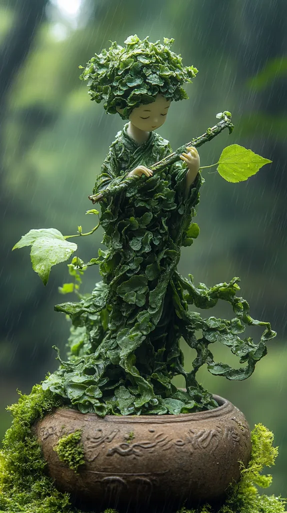 A miniature figurine, seemingly crafted from leaves and moss, sits serenely in a weathered pot.  Rain falls gently, enhancing the verdant hues of the figure and its surroundings. The figure, with delicate features, appears to be playing a small instrument, creating a captivating scene of nature's artistry and tranquility.  The moss-covered pot and lush backdrop complete the enchanting image.