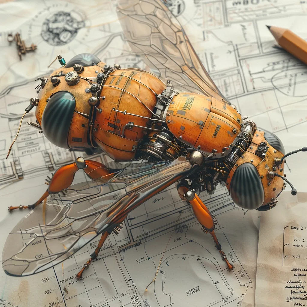 A meticulously detailed steampunk-style robotic bee rests on architectural blueprints. Its body is crafted from intricately designed gears, copper pipes, and orange panels.  The wings are translucent, revealing internal mechanisms.  The bee's head features a dark teal dome, adding contrast to the warm tones of its body. A pencil lies nearby, suggesting a design process or artistic creation.