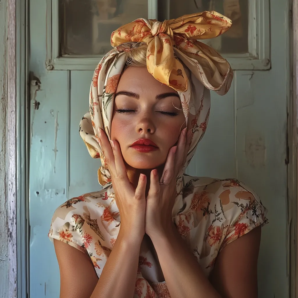 A woman with blonde hair styled under a floral headscarf tied in a bow, her eyes closed peacefully.  She wears a matching floral dress and gently holds her face with both hands. The backdrop is a weathered, pale teal door. The overall aesthetic is vintage and serene, evoking a sense of calm and retro charm.