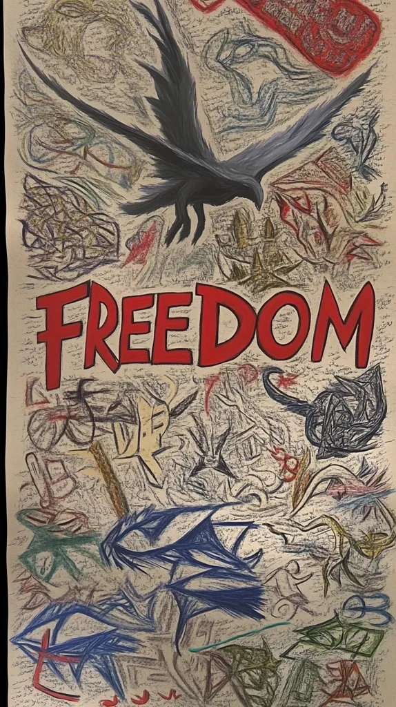 A large mixed-media artwork features a central, stylized black bird in flight, set against a background of dense, layered scribbles and drawings in various colors.  The word "FREEDOM" is prominently displayed in bold red letters below the bird. The overall style is expressive and abstract, suggesting a sense of energy and liberation. The background texture includes what appears to be text or writing, adding another layer of complexity to the piece.
