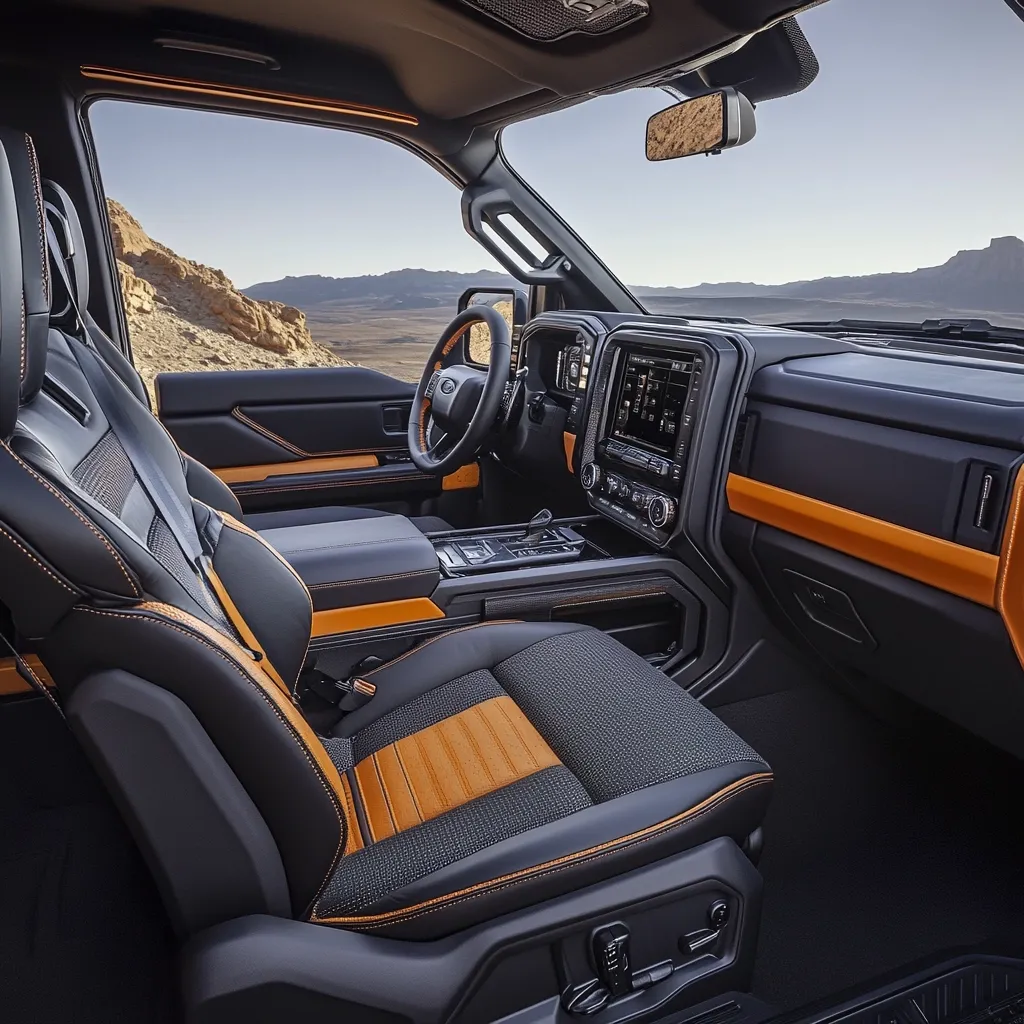 The interior of a Ford F-150 Raptor features black and burnt orange leather seats with intricate stitching.  A large central touchscreen dominates the dashboard, flanked by controls. The steering wheel is black leather, and the view through the expansive windshield shows a desert landscape.  The overall design is luxurious yet rugged, reflecting the truck's off-road capabilities.