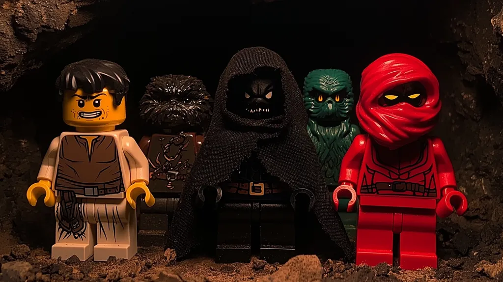 Five custom LEGO minifigures stand in a dimly lit cave.  A tan-skinned man in brown robes is to the left, next to a dark, furry creature.  Center is a black-robed figure with glowing eyes.  To their right is a green, reptilian being, followed by a red-clad figure with a hooded head covering.  The scene suggests a fantasy or adventure setting.