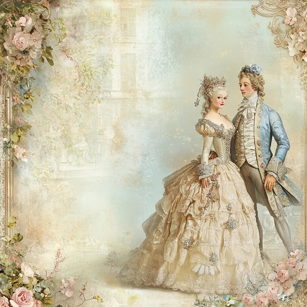 An elegant, romantic image depicts a couple in 18th-century attire.  The woman wears a lavish, cream-colored gown with intricate detailing, while the man is dressed in a powder-blue coat.  They stand against a softly textured background featuring a faded architectural scene and delicate floral embellishments, creating a vintage, dreamy aesthetic. The overall style evokes a sense of classic beauty and timeless romance.