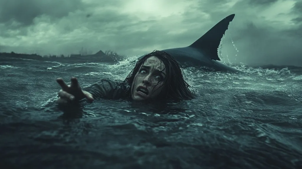 A terrified woman struggles in the turbulent ocean, her face etched with fear.  A large shark's fin is visible in the churning water behind her, adding to the scene's intense suspense. The dark, stormy sky and ominous coastline create a foreboding atmosphere, hinting at a desperate fight for survival.  Her outstretched hand reaches towards something unseen, suggesting a plea for help.