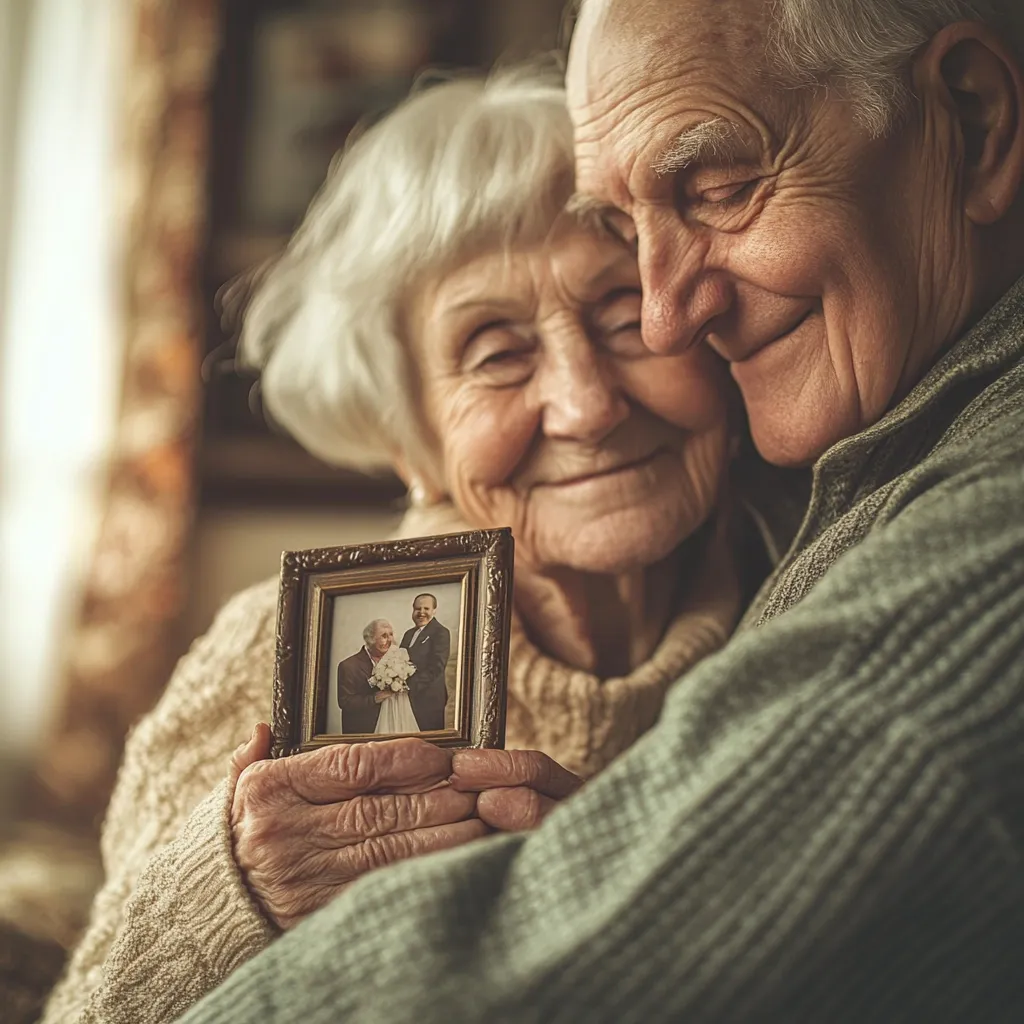 An elderly couple embraces, their faces etched with years of shared life and love.  The woman gently holds a framed photograph, showing a younger version of themselves, possibly on their wedding day. The image evokes a sense of nostalgia, cherished memories, and enduring companionship in their twilight years.  Their closeness suggests a deep and lasting bond.