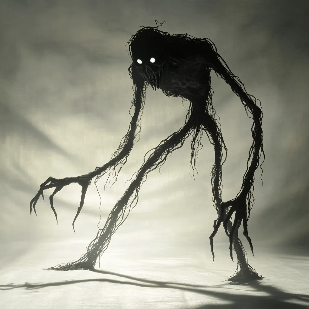 A shadowy, gaunt creature with long, spindly limbs and clawed hands stands on a light-colored surface. Its dark form is vaguely humanoid, with glowing white eyes piercing the darkness.  The creature's silhouette is stark against a hazy, ethereal backdrop, creating a sense of unease and mystery.  Its pose suggests movement, as if it is approaching.