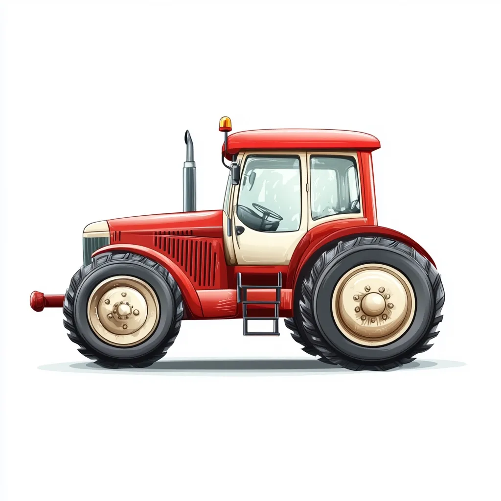 A vibrant red and cream vintage tractor is depicted in a profile view against a stark white background.  Large, sturdy tires dominate the image, suggesting power and capability.  The tractor features a classic design, complete with a visible exhaust pipe and a small stepladder for access to the driver's seat.  The illustration style is clean and detailed, showcasing the tractor's robust construction.